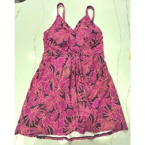 NWOT Size Small Lands End Swimdress Women Purple Tropical Palm V-Neck Strap